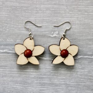 Boucles d'oreilles GRANDE FLEUR DE TIARE (bois clair, Jaspe orange 8 mm)