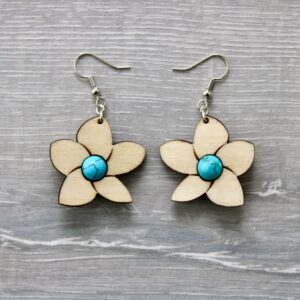 Boucles d'oreilles GRANDE FLEUR DE TIARE (bois clair, Turquoise 8 mm)