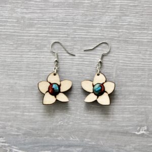Boucles d'oreilles PETITE FLEUR DE TIARE (bois clair, Jaspe rouge/bleue 8 mm)