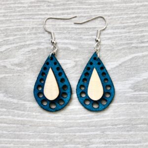 Boucles d'oreilles GOUTTE (Tilleul, cuir "daim" bleu)