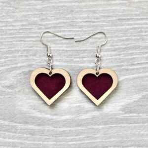 Boucles d'oreilles COEUR AVEC FOND (Tilleul, cuir "daim" violet/bordeaux)