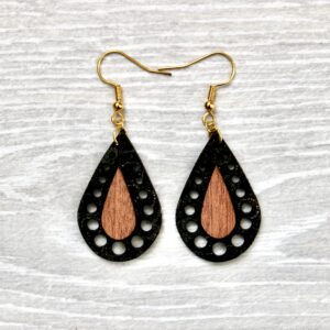 Boucles d'oreilles GOUTTE (Sapelli, cuir "daim" serpent noir et doré)