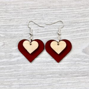 Boucles d'oreilles COEUR (Tilleul, cuir rouge)