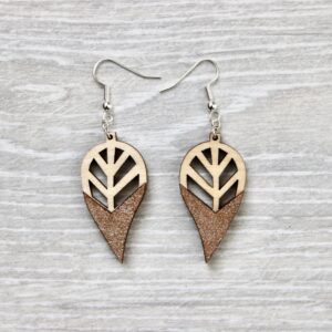 Boucles d'oreilles FEUILLE (Tilleul, cuir "daim" marron argenté)