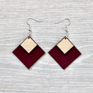 Boucles d'oreilles LOSANGE (Tilleul, cuir "daim" violet/bordeaux)